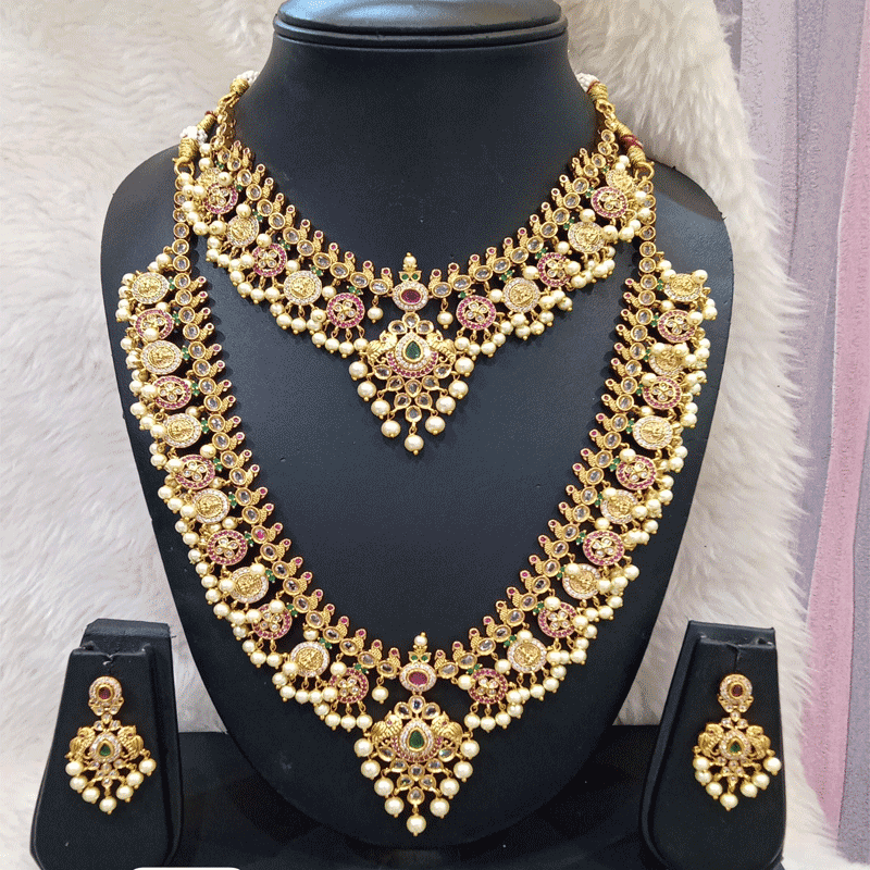 AD STONE TEMPLE LAKSHMI HARAM - RED GREEN STONE STUDDED HARAM WITH LAKSHMI PENDANT