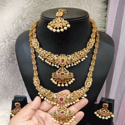 EMERALD PINK STONE PEACOCK COMBO WITH TIKKA