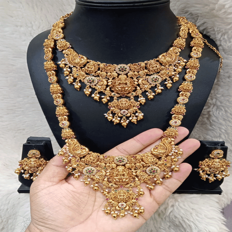 FULL NAKSHI WORK BRIDAL SET WITH GOLDEN BALLS AND PEARLS