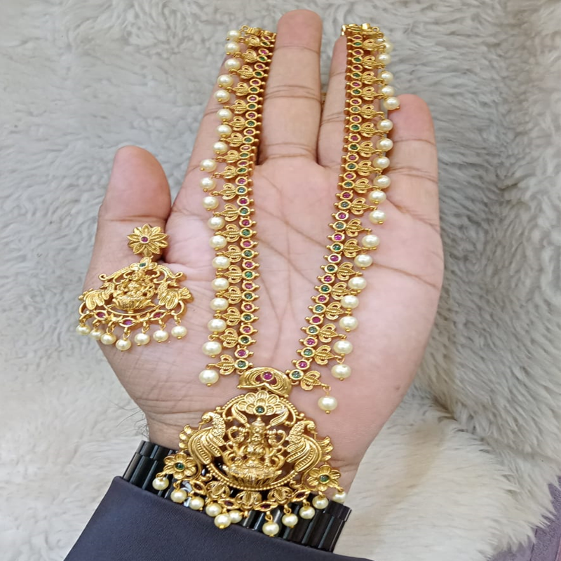 ANTIQUE GOLD PLATED LAKSHMI HARAM WITH PEARL DROPS