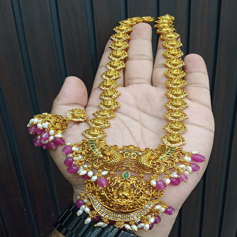 NAKSHI LAKSHIMI  LONG HARAM WITH PINK BEADS AND RICEPEARLS