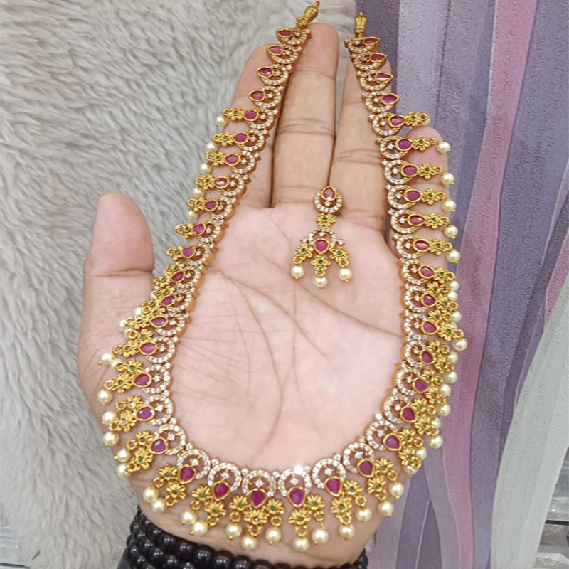 PREMIUM DAZZLING RUBY AND PEARL NECKLACE WITH EARRINGS