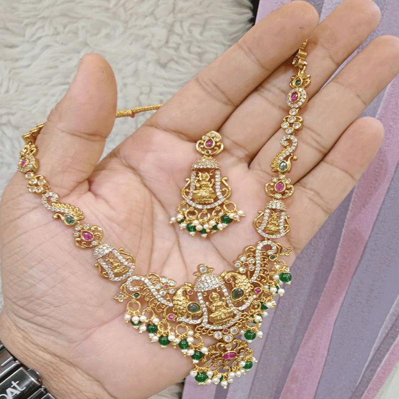 VICTORIAN WORK LAKSHIMI DEVI NECKLACE WITH GREEN DROPS