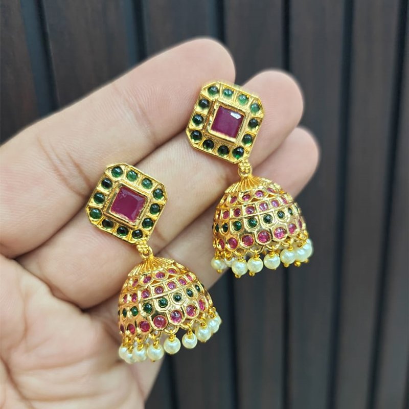 GOLD FINISH JHUMKA WITH RED EMBLED STONE WITH MULTI COLOR STONES