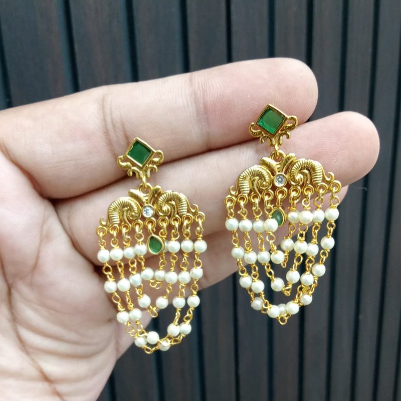 GREEN EMBELD STONE WITH 3 LAYERS OF PEARL CHAIN DESIGN EARING
